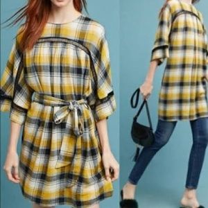 Anthropologie Maeve yellow black checkered plaid kimono tunic dress women’s S